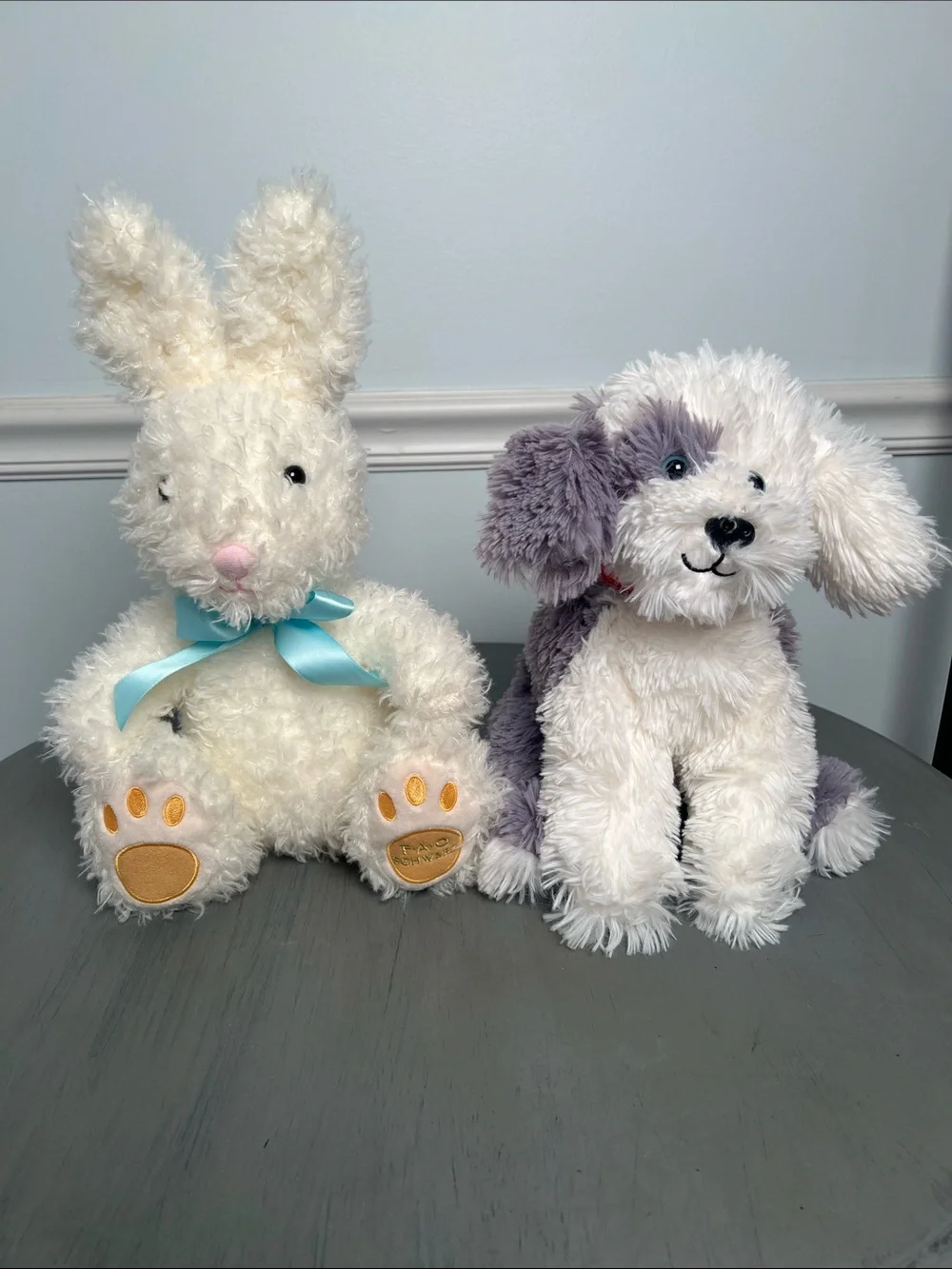 F.A.O Schwartz. Plush Bunny & Puppy Set - Cream Bunny with Bow, White Gray Puppy